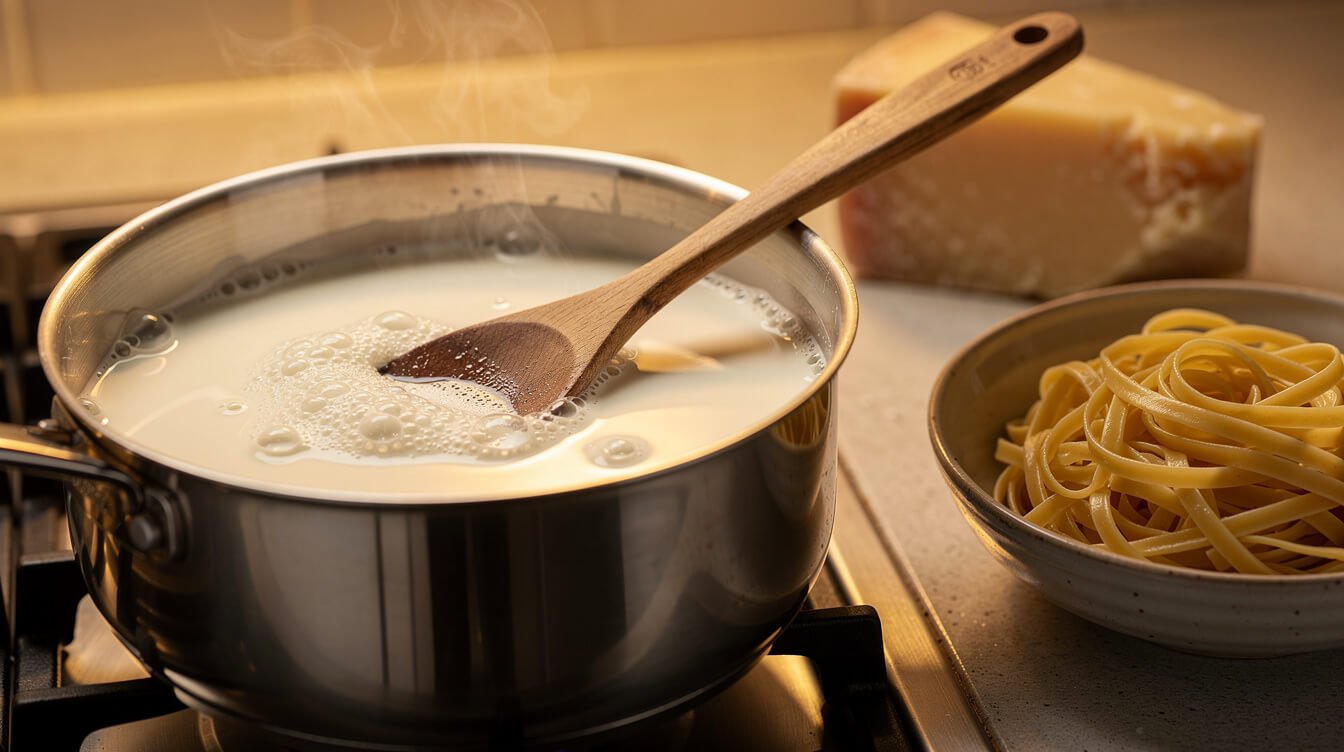 heavy cream simmering and reducing in a saucepan for pasta sauce