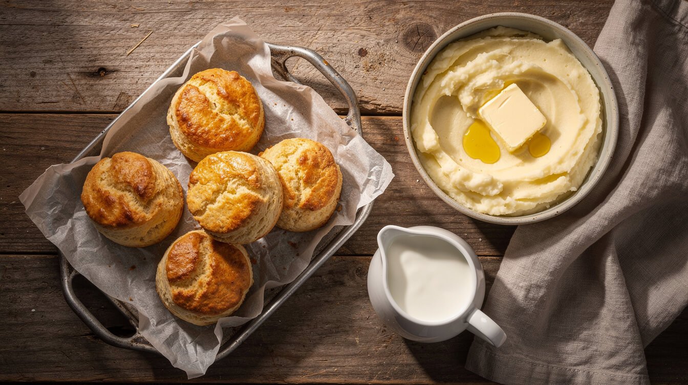 cream scones, mashed potatoes, and a pitcher of cream on a wooden table