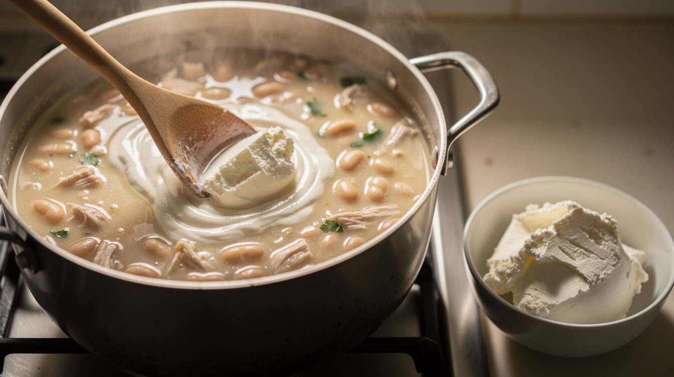 stirring softened cream cheese into white bean chicken chili