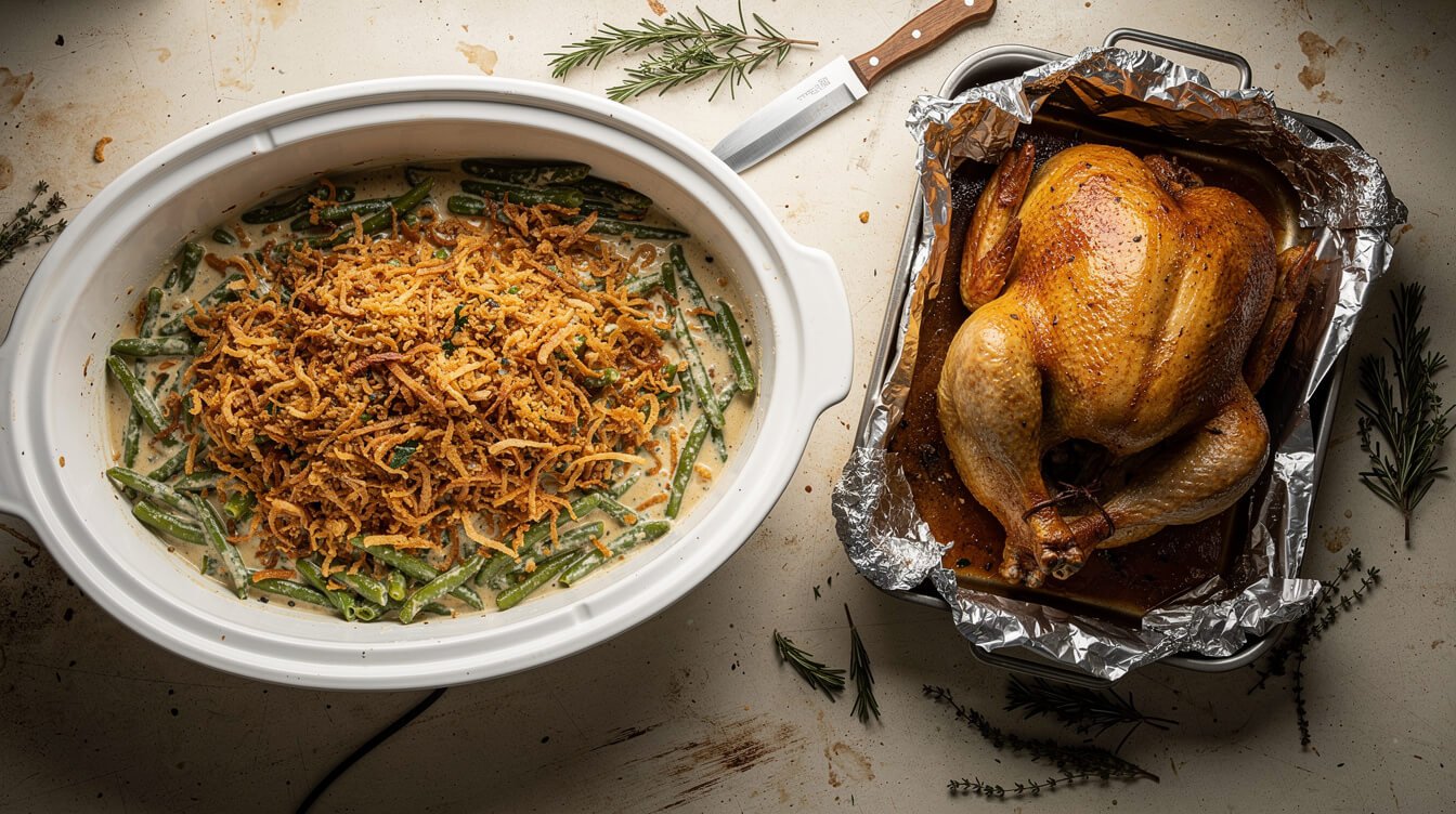 crock pot green bean casserole next to a resting roast turkey on Thanksgiving Day