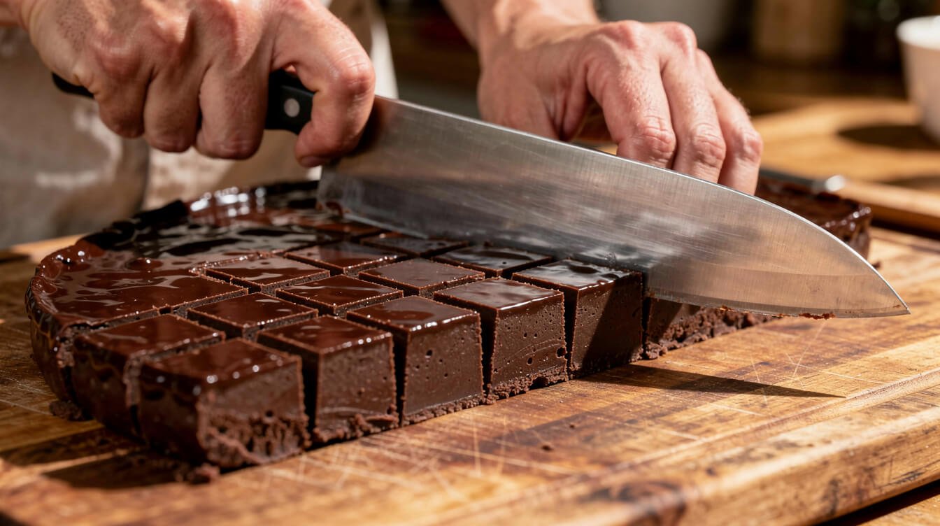 Cutting a slab of chocolate fudge into small squares with a large knife