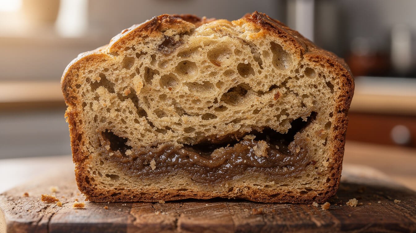 Slice of dense banana bread showing a gummy wet streak along the bottom