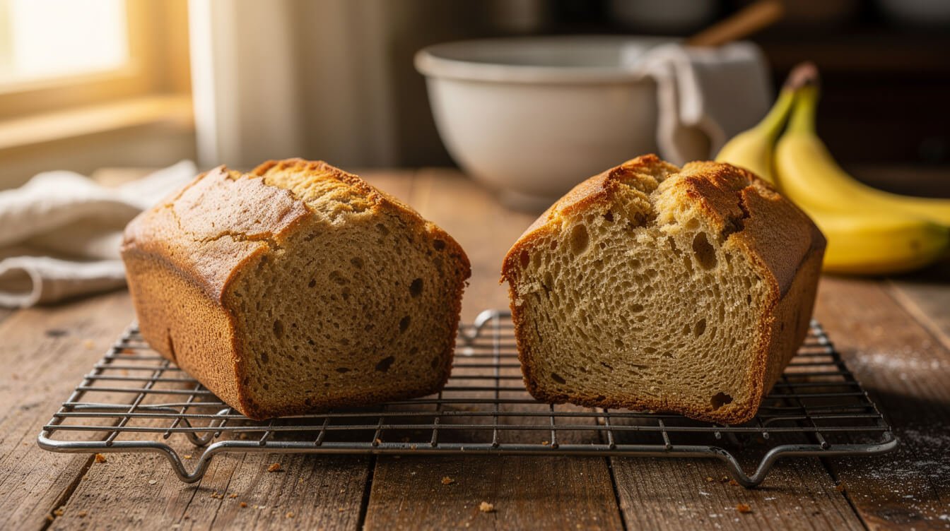 Two banana bread loaves compared, one short and tightly packed, one well risen