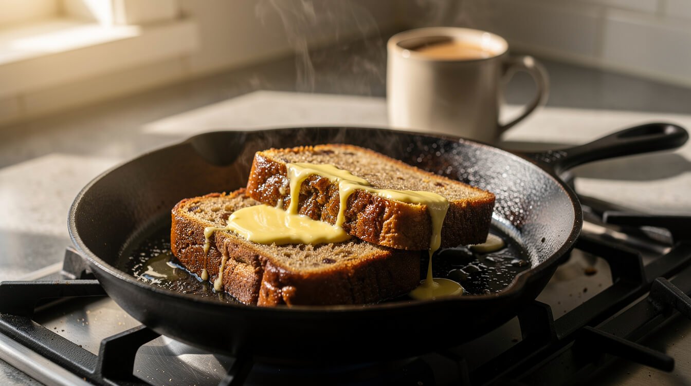 Thick slices of banana bread toasting in butter in a cast iron skillet