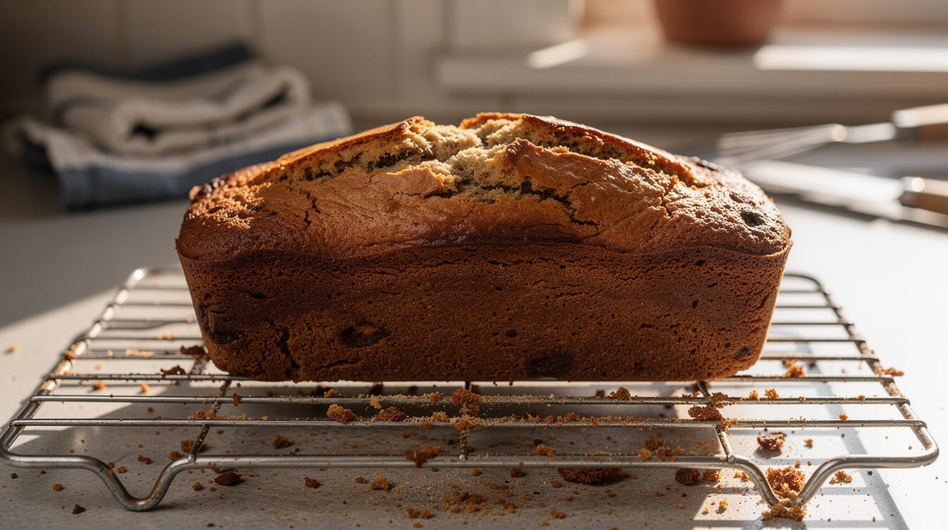 Banana bread loaf with a sunken middle and raised edges cooling on a rack
