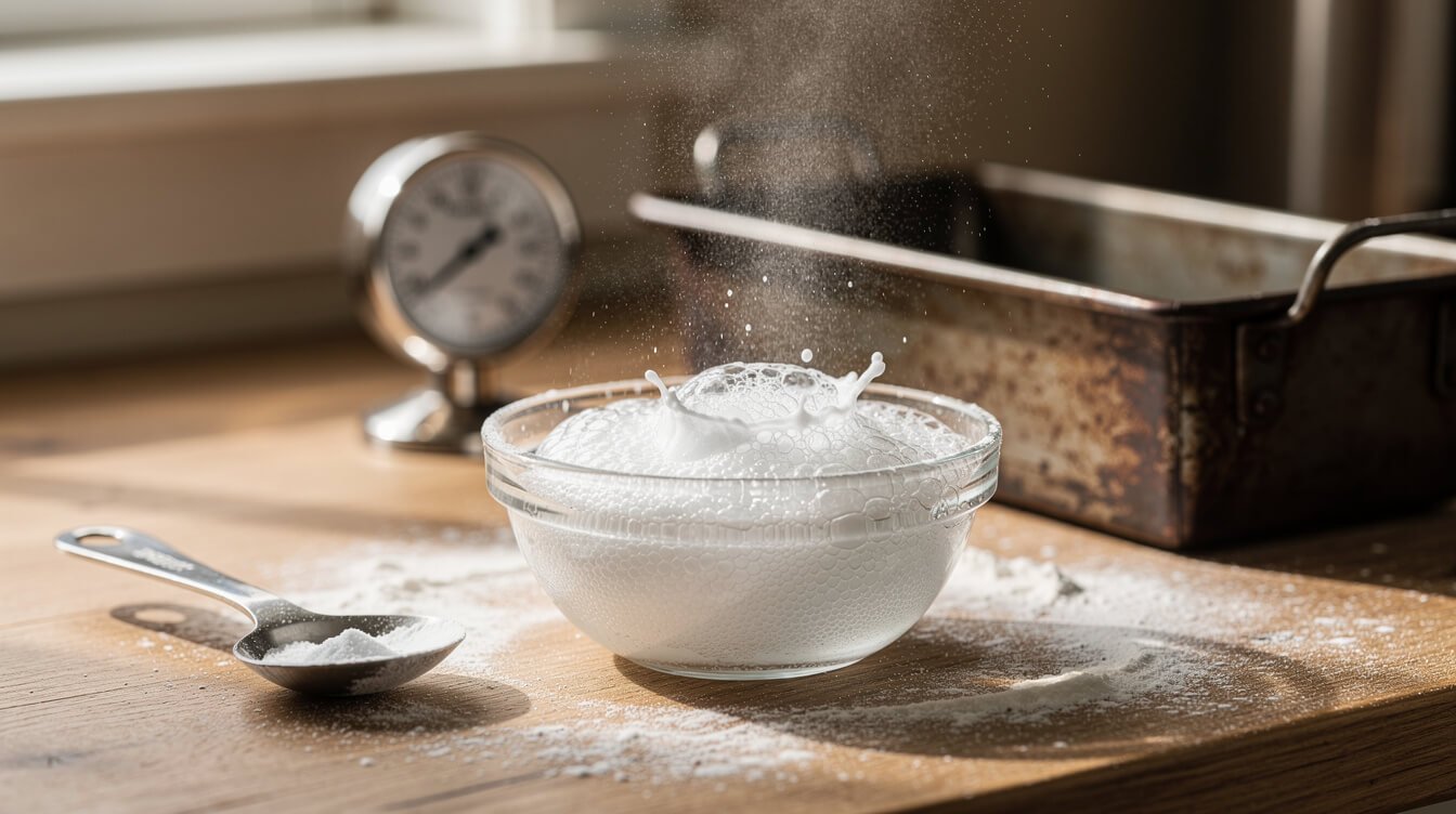 Baking soda fizzing with vinegar beside an oven thermometer and a dark loaf pan