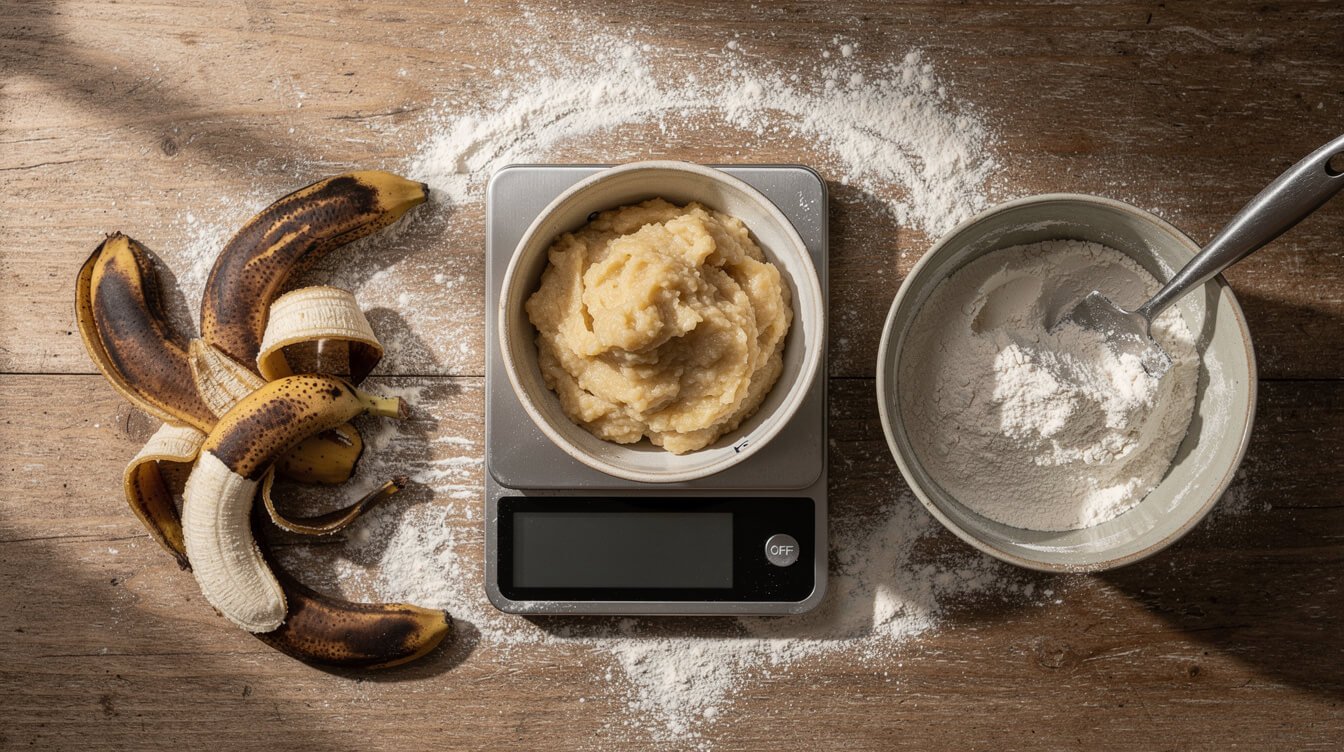 Mashed bananas being weighed on a digital kitchen scale next to a bowl of flour