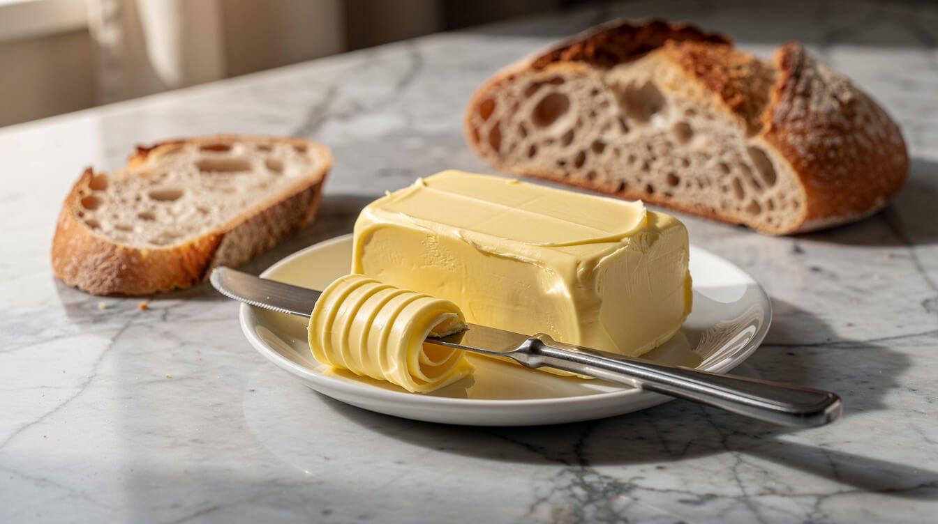 A block of European-style butter with a butter curl and crusty bread
