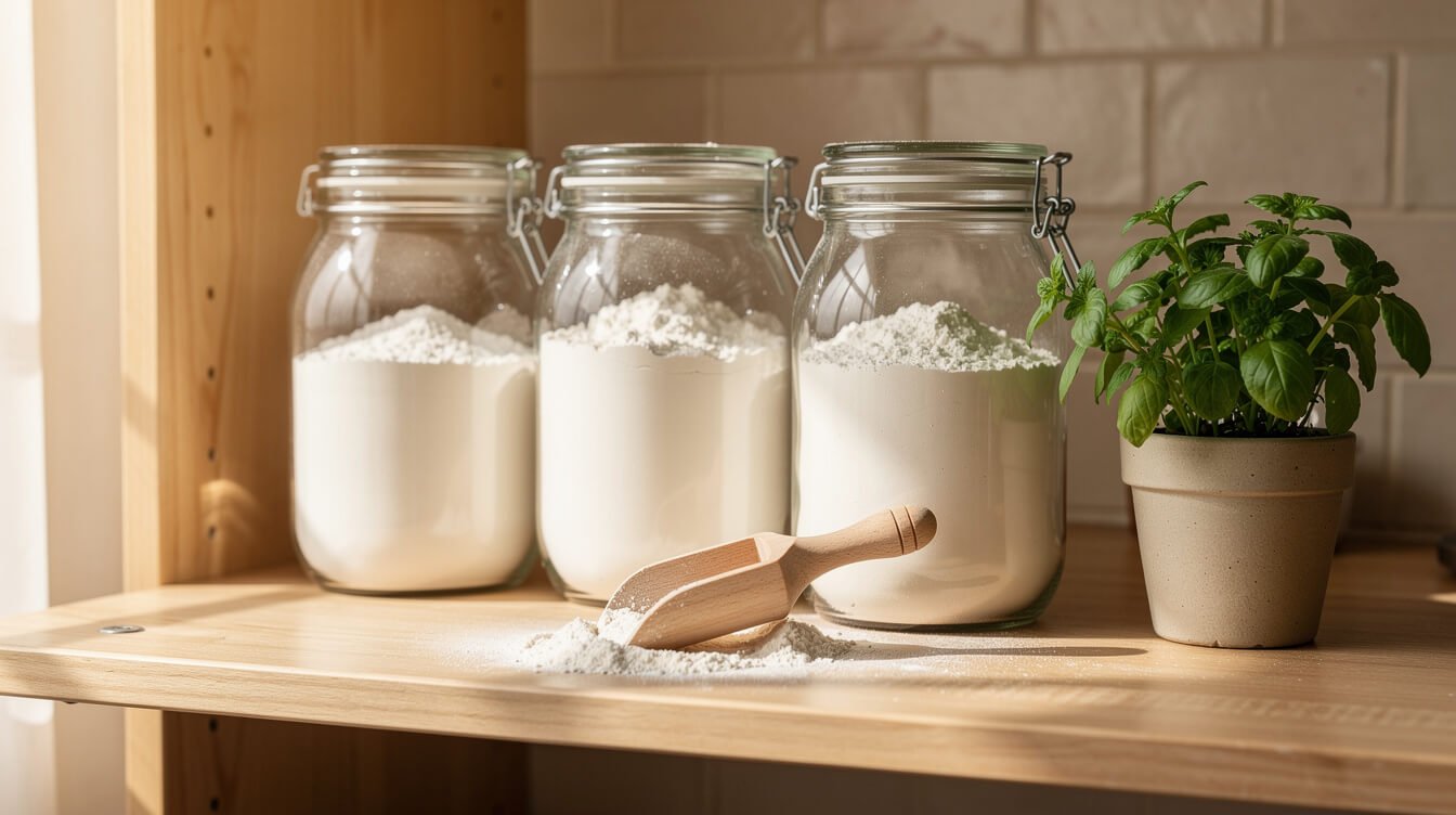 glass jars of flour stored on an open kitchen shelf