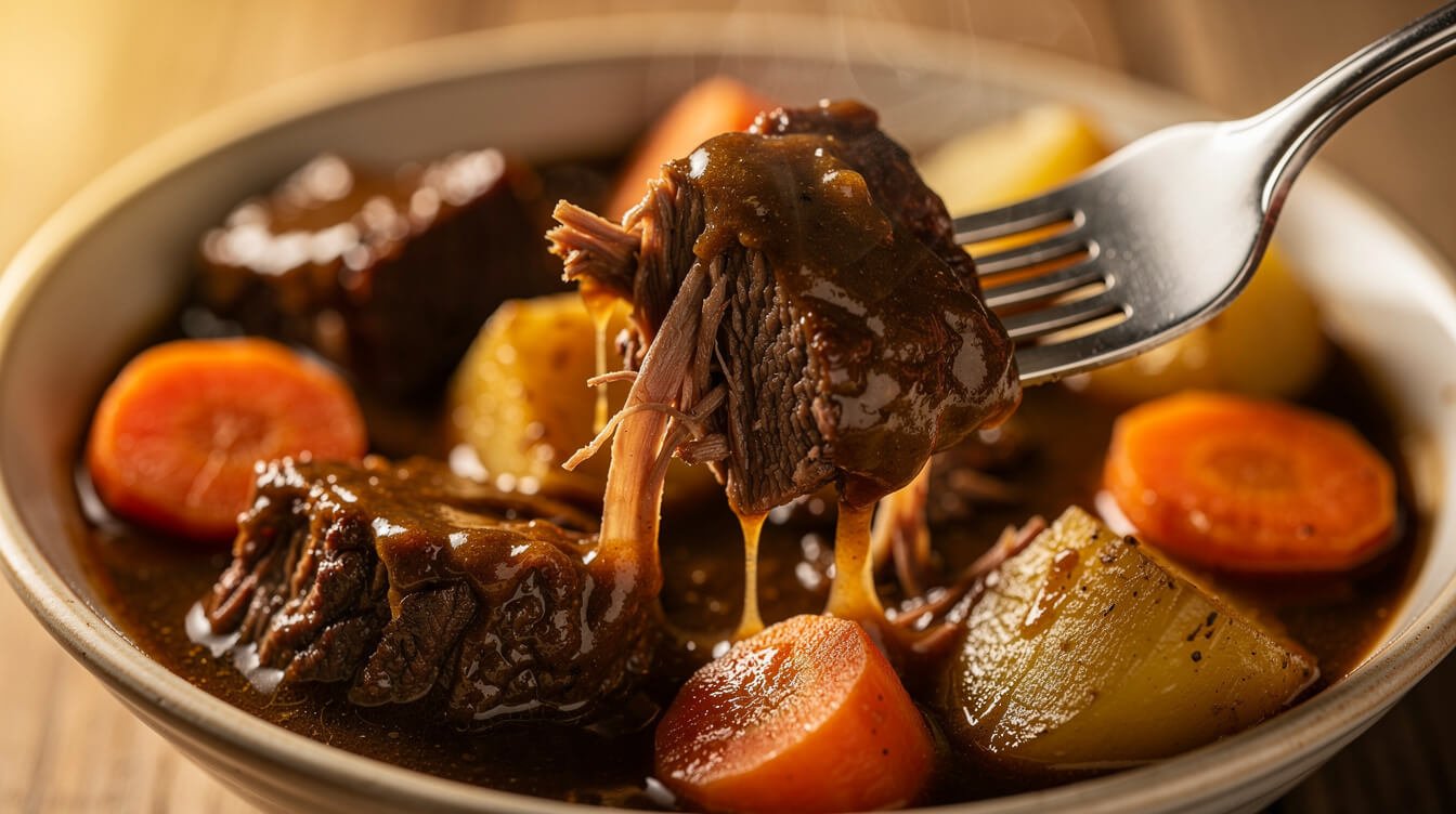 Fork pulling apart fork-tender beef from slow cooker beef stew