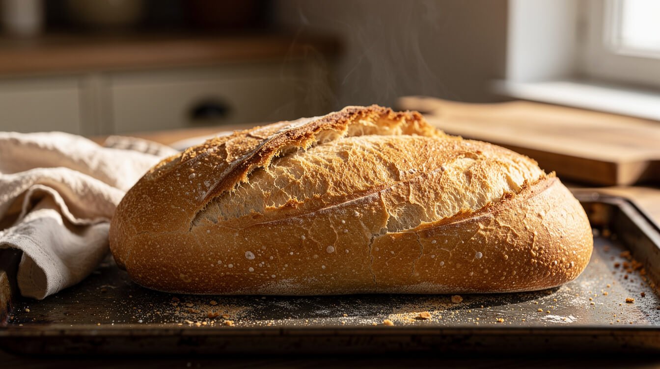Deeply golden crackled French bread crust fresh from the oven with steam rising