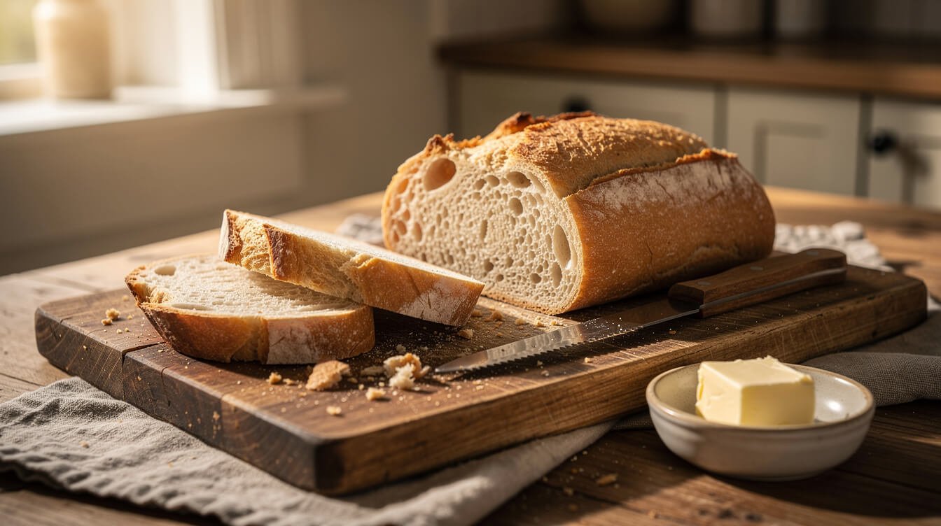 Sliced homemade French bread on a cutting board with a serrated bread knife and butter