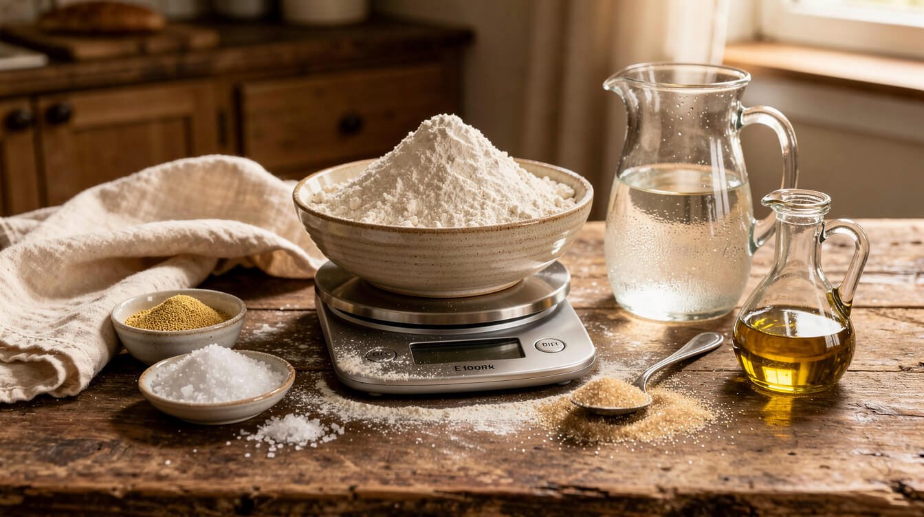 Flour on a kitchen scale with yeast, salt, sugar, warm water, and olive oil on a wooden counter