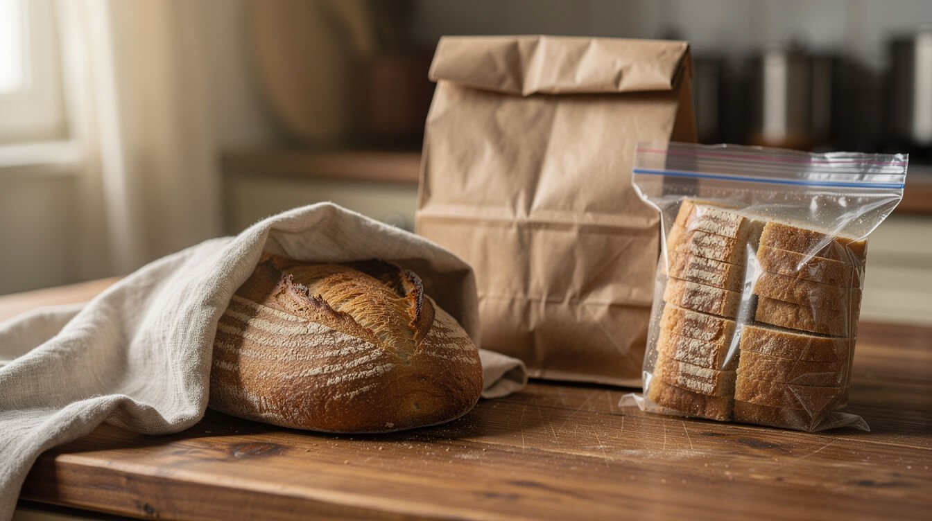 French bread wrapped in a linen towel beside a paper bag and a freezer bag of sliced bread