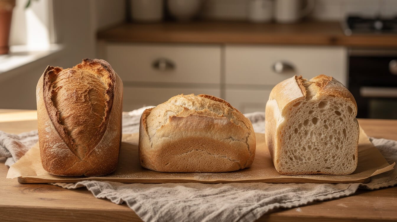 Three homemade French bread loaves compared: one tall and golden, one flat, one pale and dense