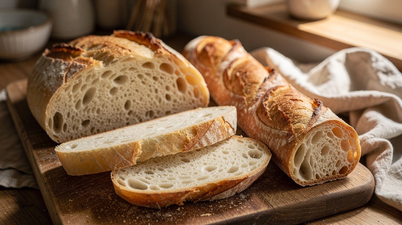 Soft-crust French bread loaf sliced next to a thin crisp baguette for comparison