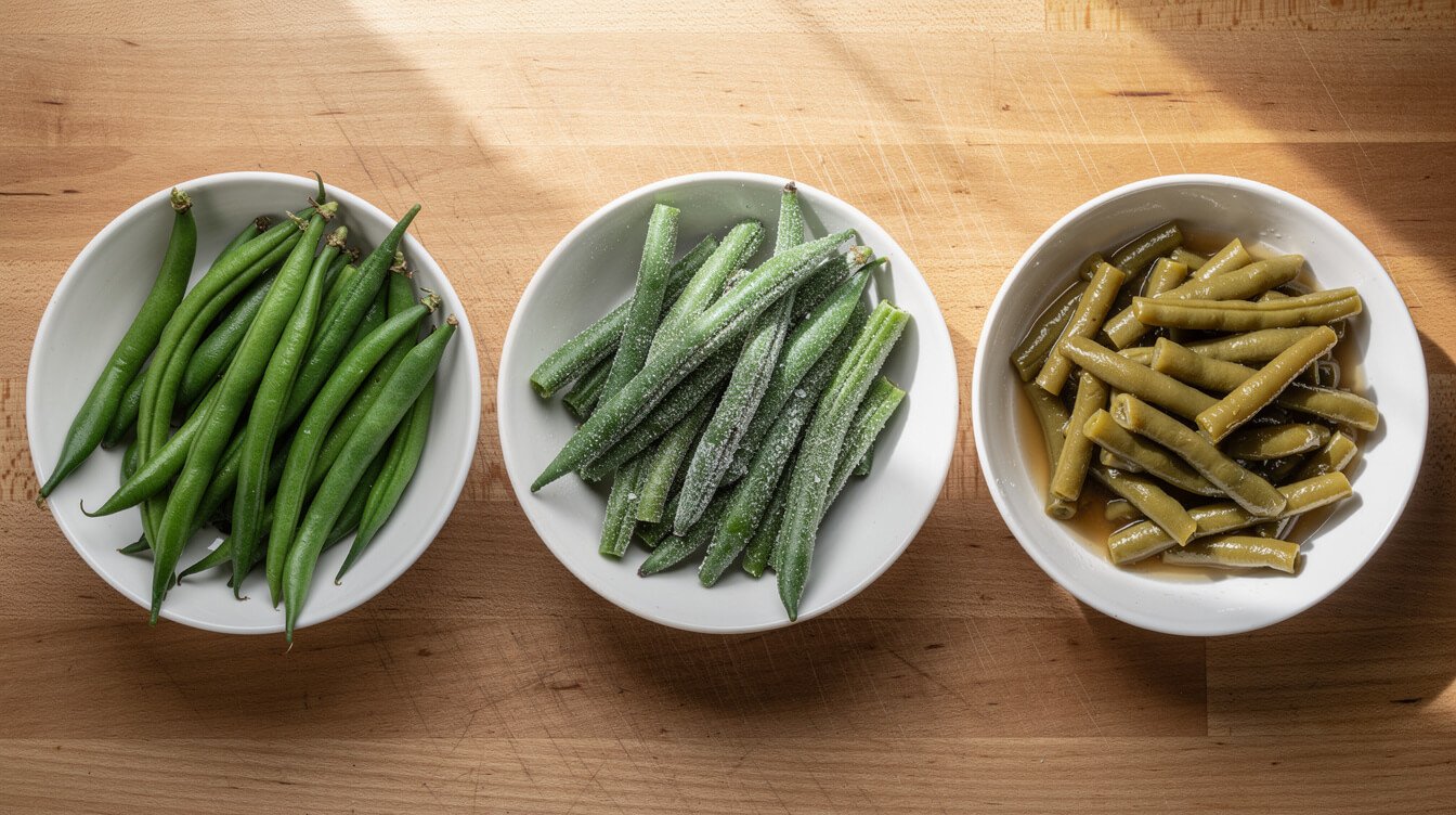 fresh, frozen, and canned green beans in three bowls