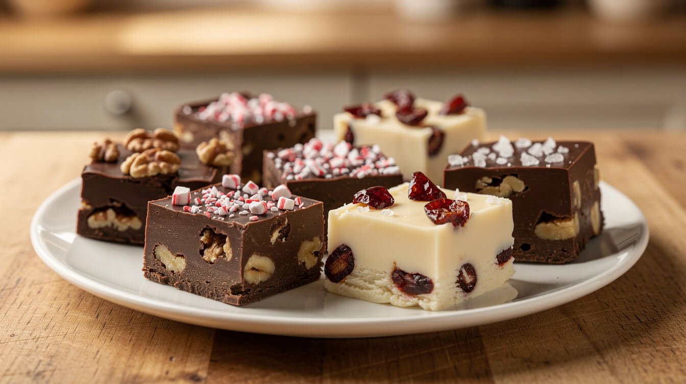 Fudge variations: walnut, peppermint, white chocolate cranberry, and flaky sea salt