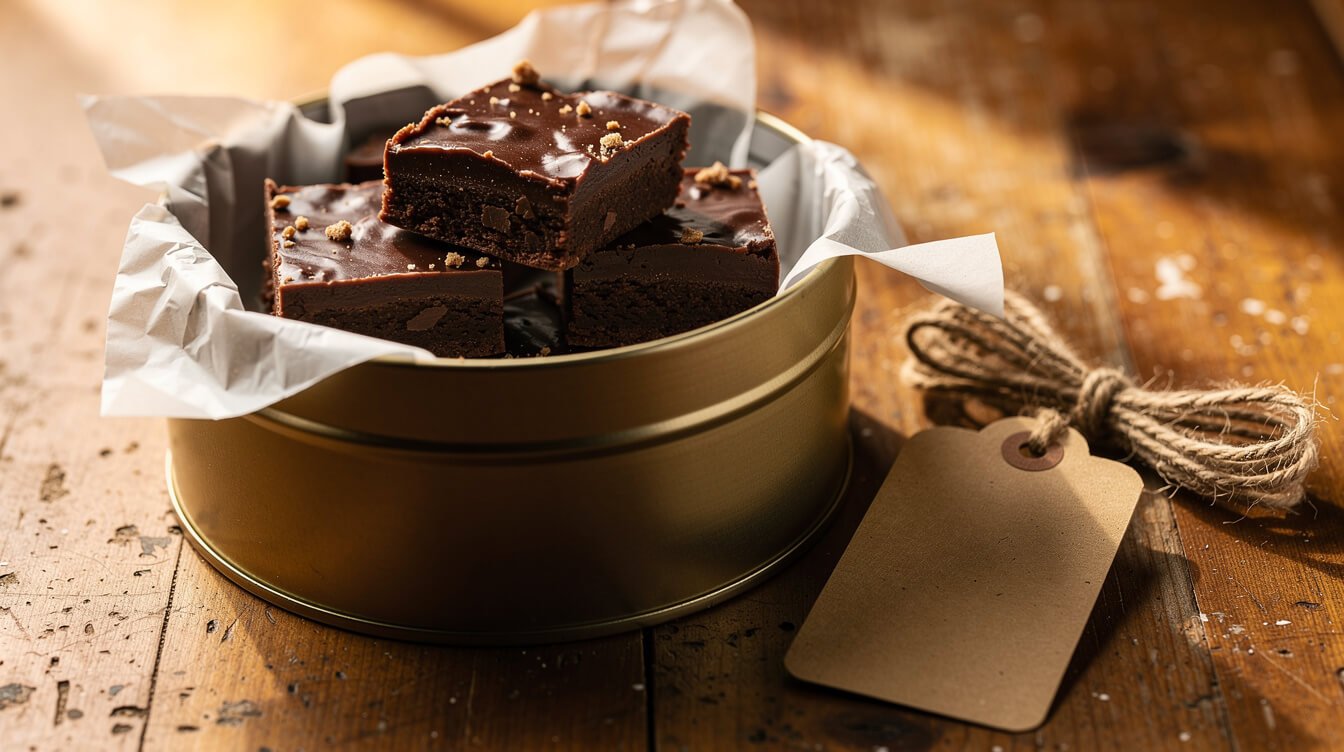 Homemade chocolate fudge squares in a parchment-lined gift tin