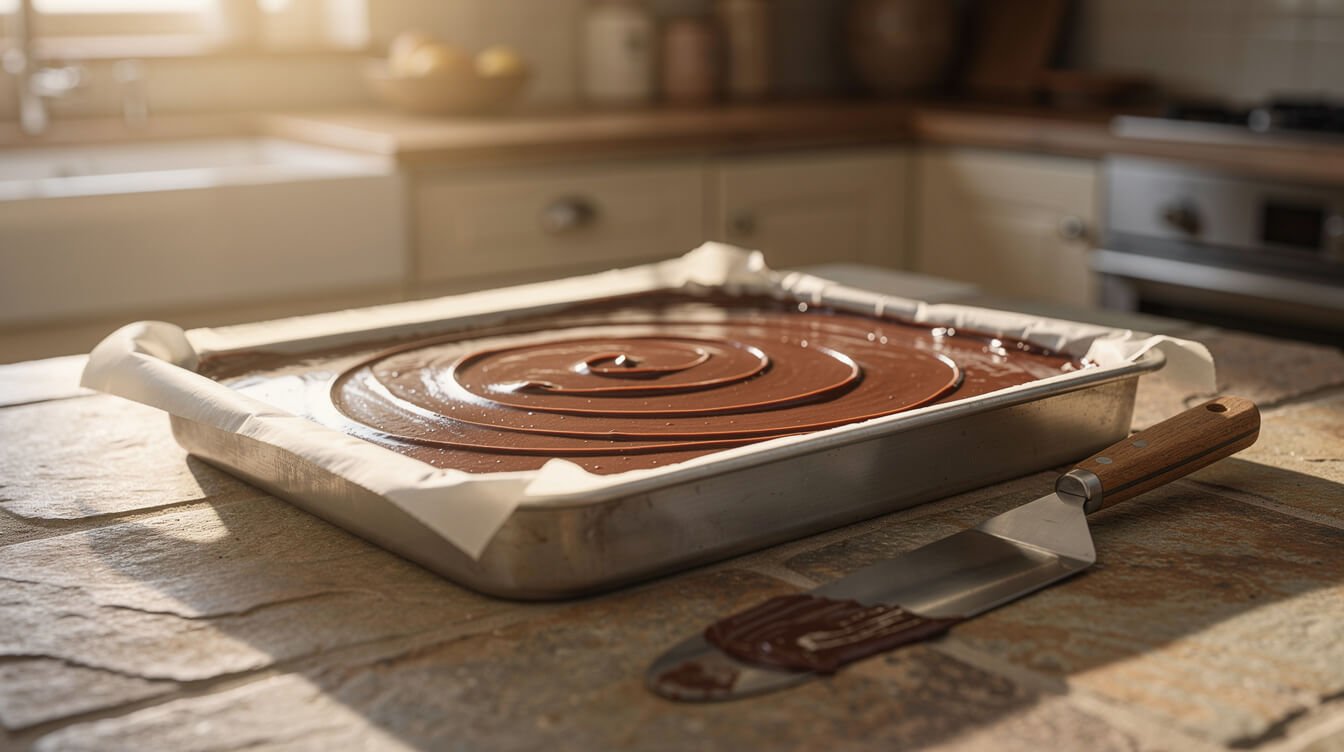 Freshly spread chocolate fudge setting in a parchment-lined pan