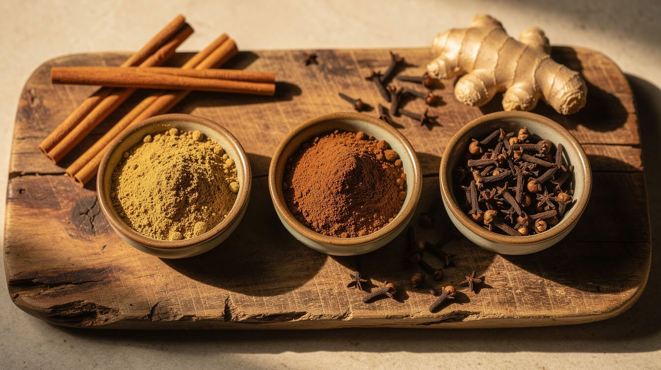 Ground ginger, ground cinnamon, and whole cloves in small bowls with cinnamon sticks and fresh ginger root