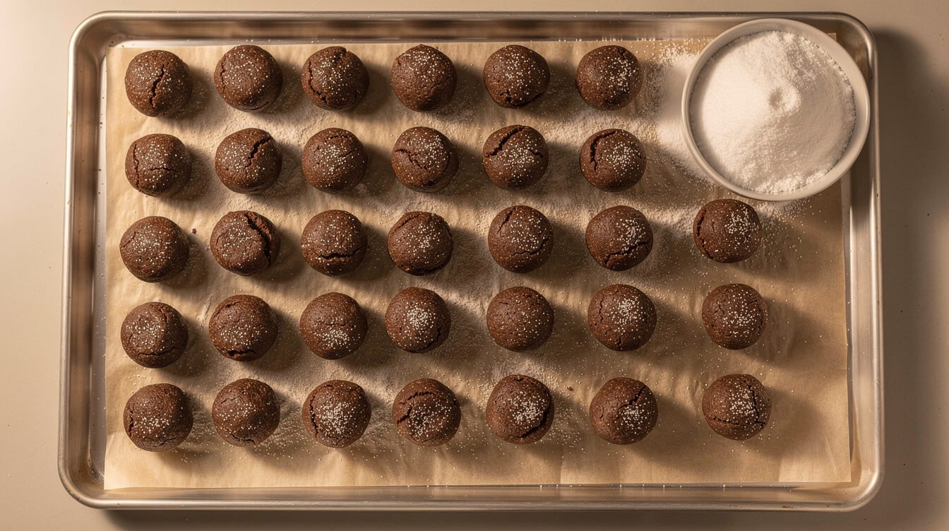 Spiced molasses cookie dough balls rolled in sugar on a parchment-lined baking sheet