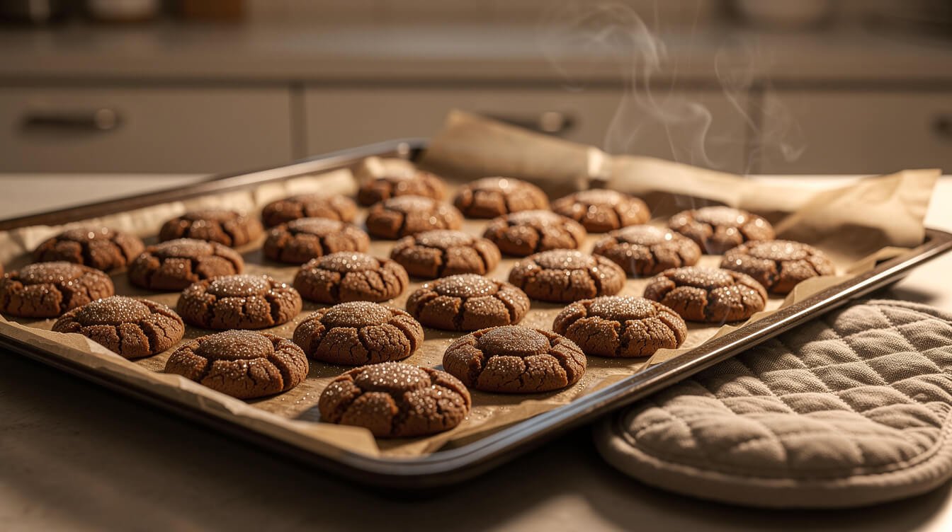 Gingerbread molasses cookies on a baking sheet just out of the oven, with crackled tops and soft centers