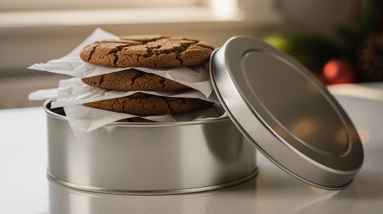 Gingerbread molasses cookies stacked between sheets of paper in an open metal cookie tin