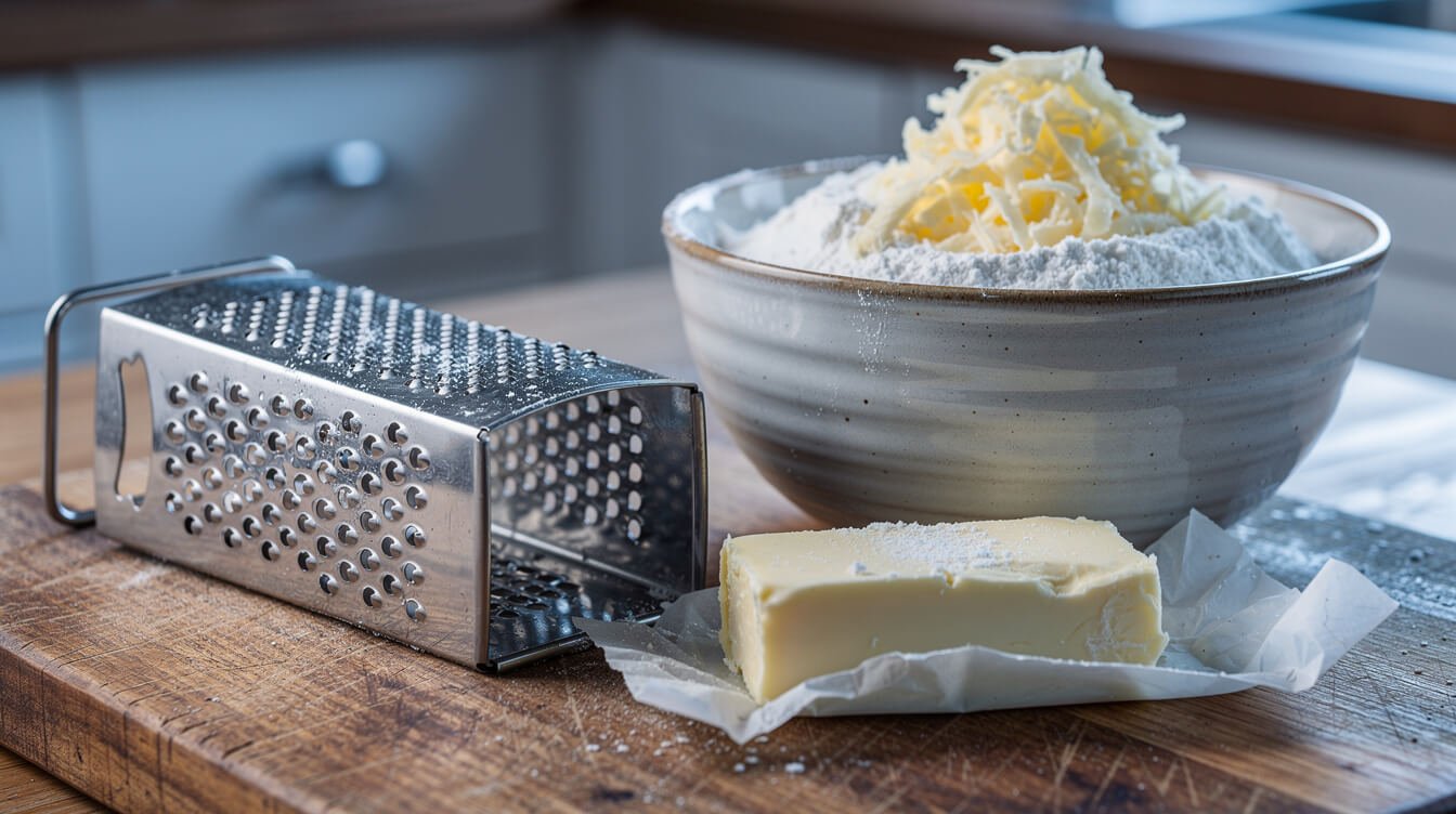 grating frozen butter into flour to make pie dough without a food processor