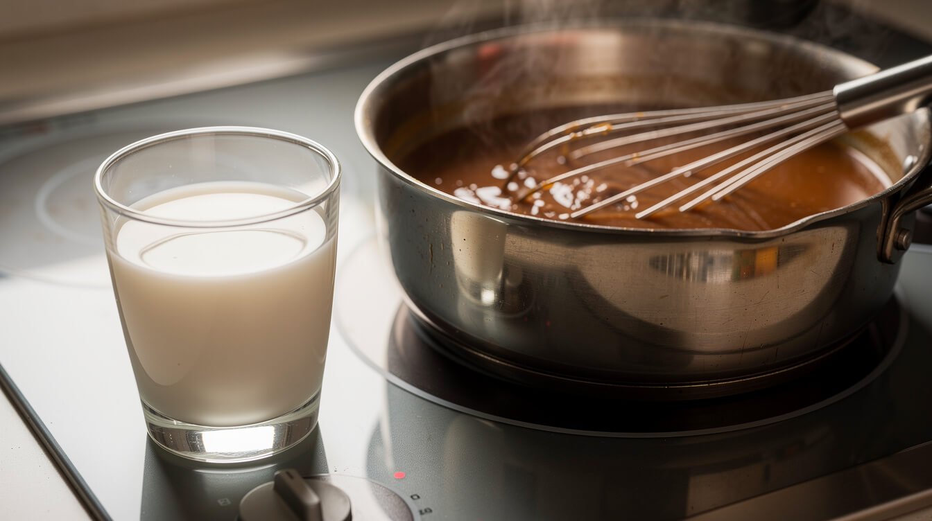 glass of cornstarch slurry next to a saucepan of simmering gravy