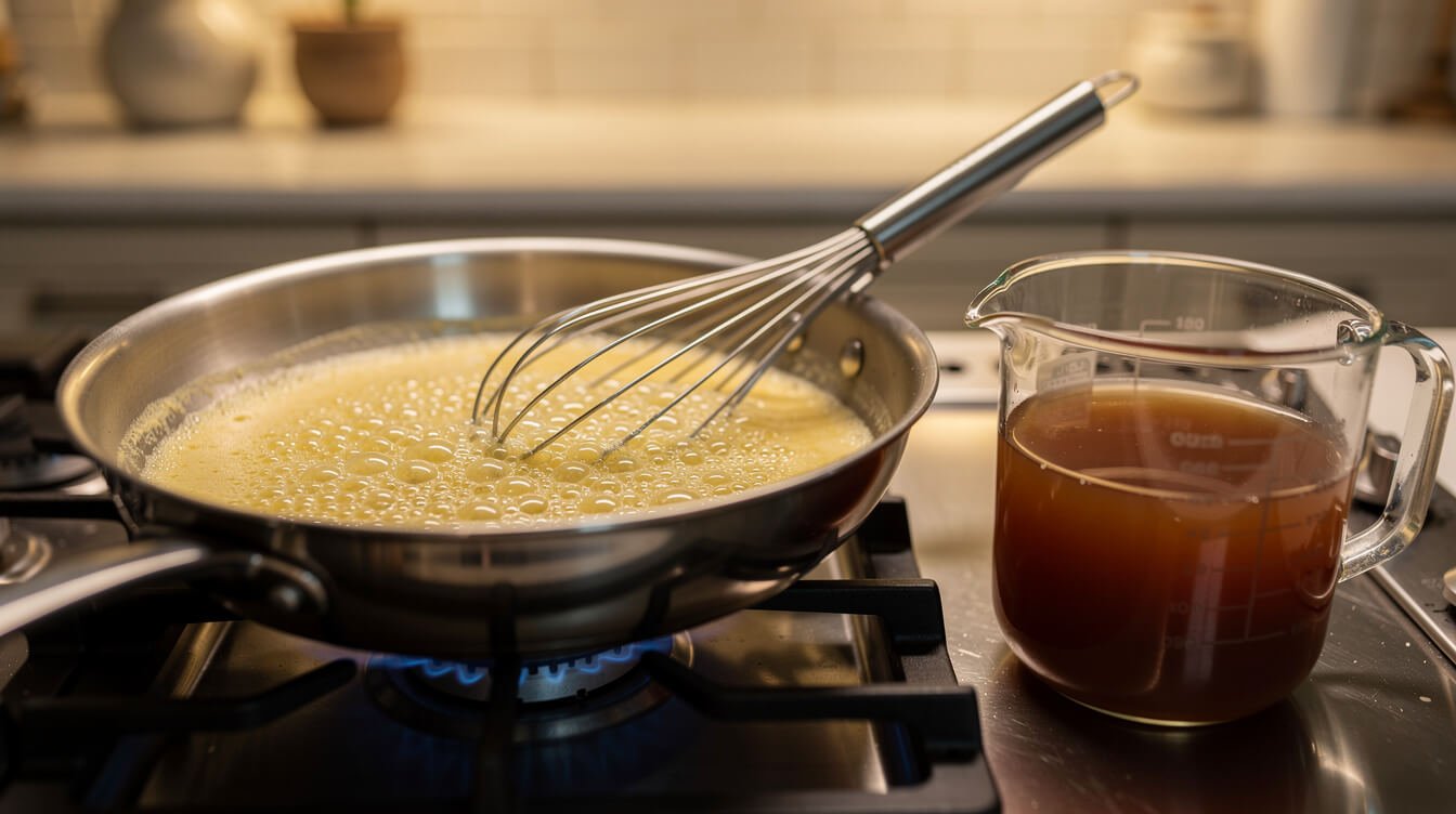 golden butter and flour roux bubbling in a skillet for gravy