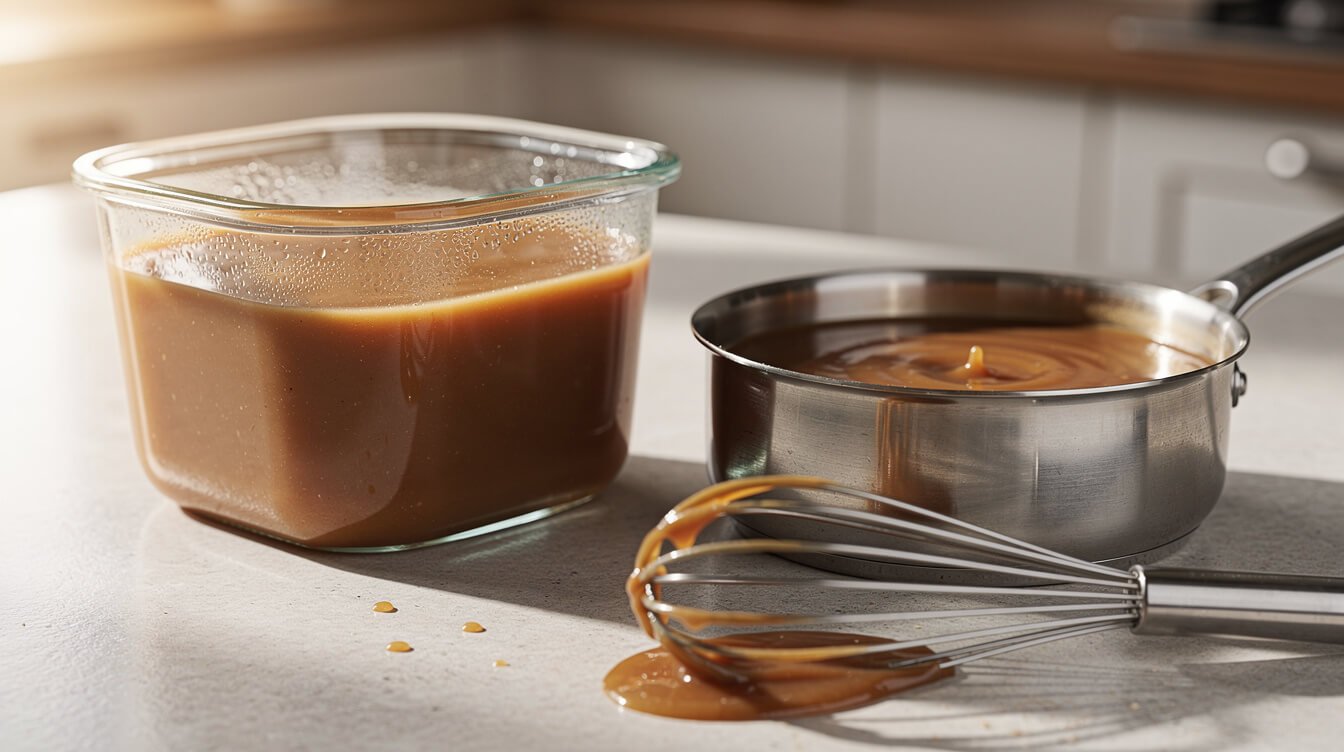 chilled make-ahead gravy in a glass container beside a saucepan of rewarming gravy