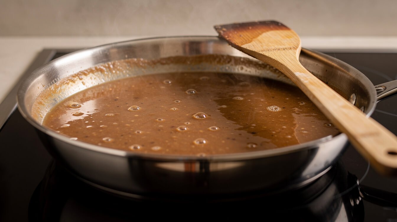 brown gravy simmering and reducing in a wide skillet