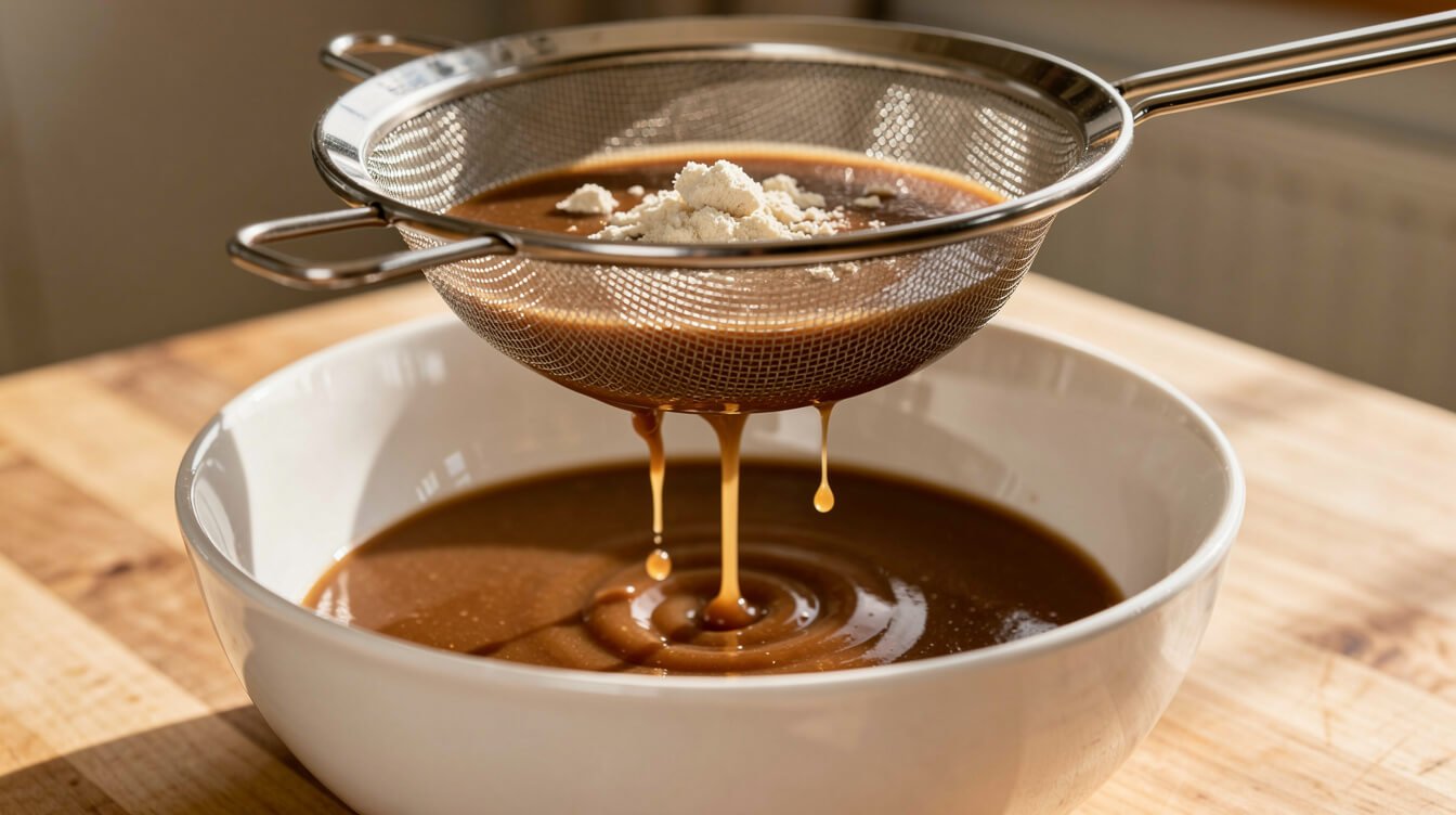 fine mesh strainer catching flour lumps as gravy drips into a bowl