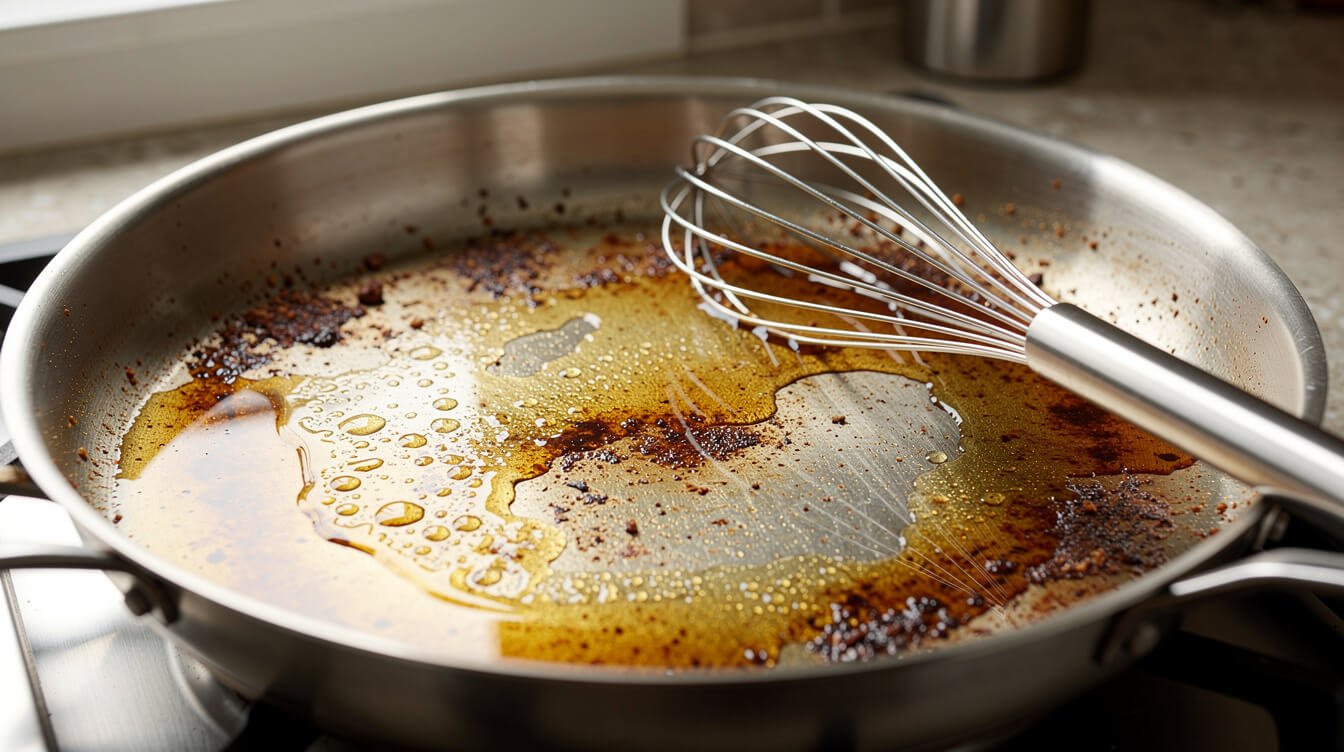 thin watery turkey pan juices with fat droplets in a roasting pan