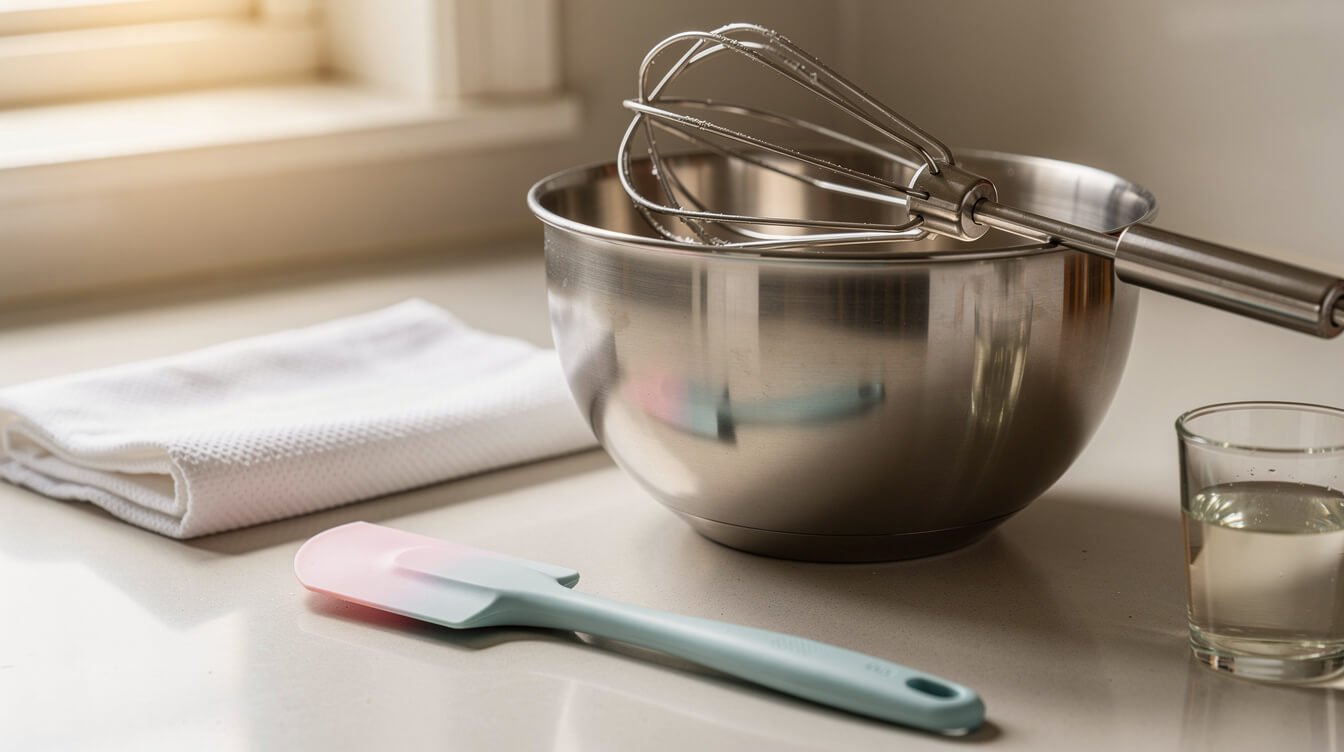 clean stainless steel bowl, beaters, and spatula with paper towel and vinegar for degreasing