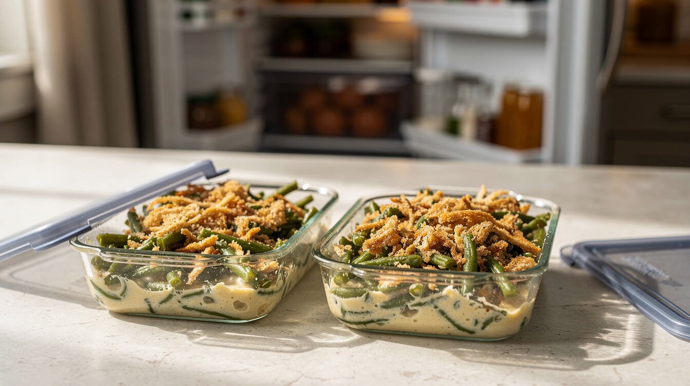 leftover green bean casserole in shallow storage containers