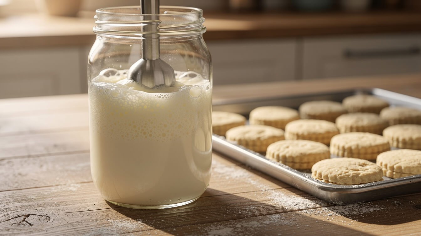 Immersion blender frothing milk and melted butter in a glass jar next to unbaked biscuits