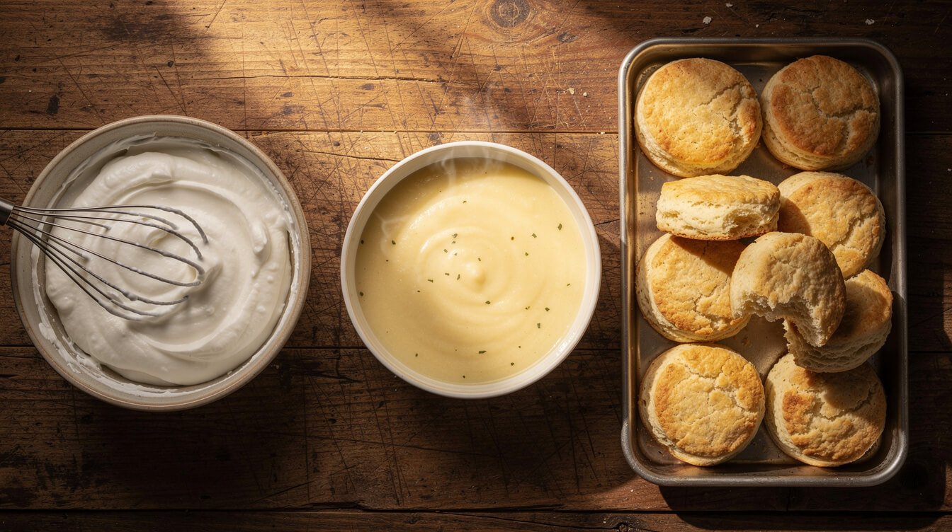 Whipped cream, creamy soup, and cream biscuits side by side, three jobs heavy cream does