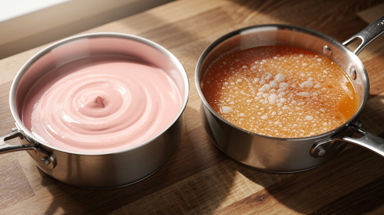 A smooth tomato cream sauce next to a curdled, split sauce in two saucepans
