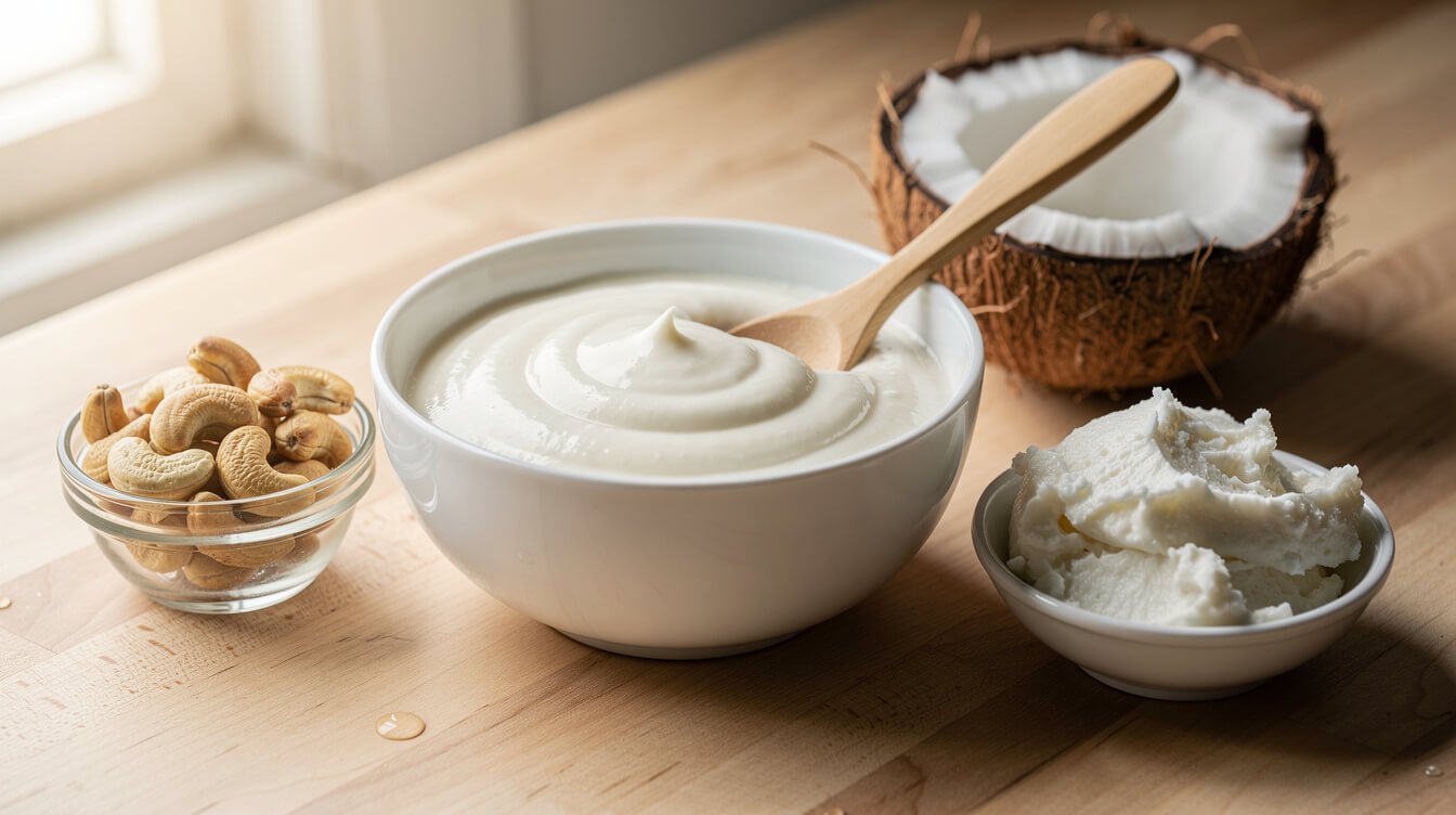 Soaked cashews, a bowl of smooth cashew cream, coconut cream, and half a coconut