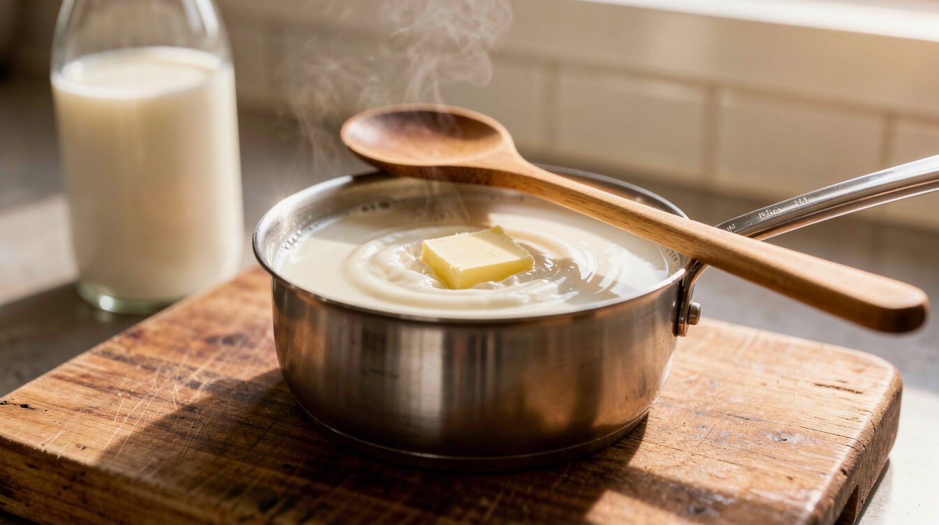Milk warming in a small saucepan with a pat of butter melting into it