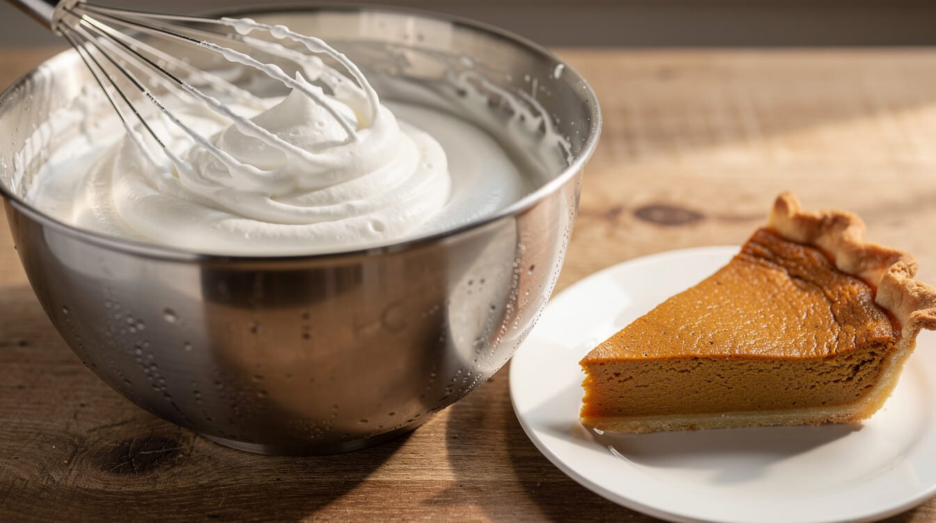 Bowl of whipped coconut cream with soft peaks beside a slice of pumpkin pie