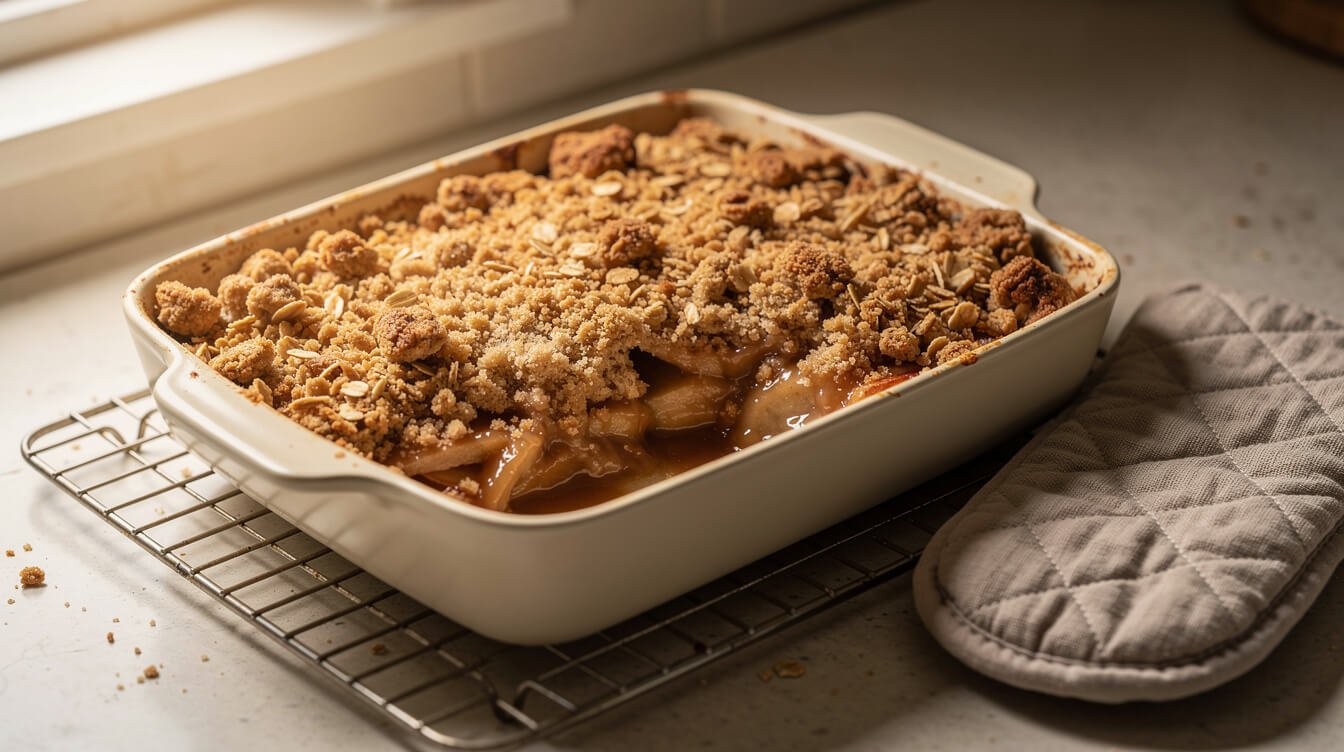 homemade apple crisp with oat topping cooling in a baking dish