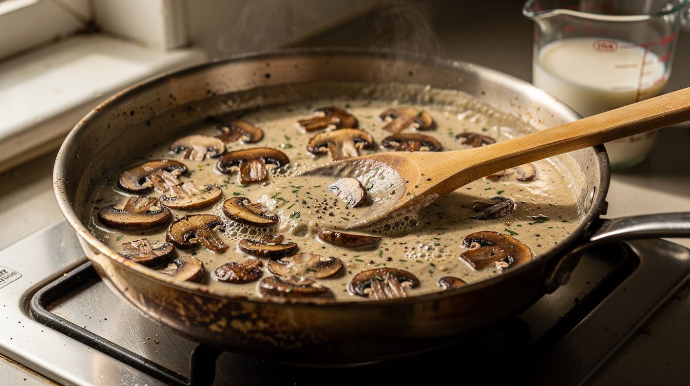 homemade creamy mushroom sauce in a skillet