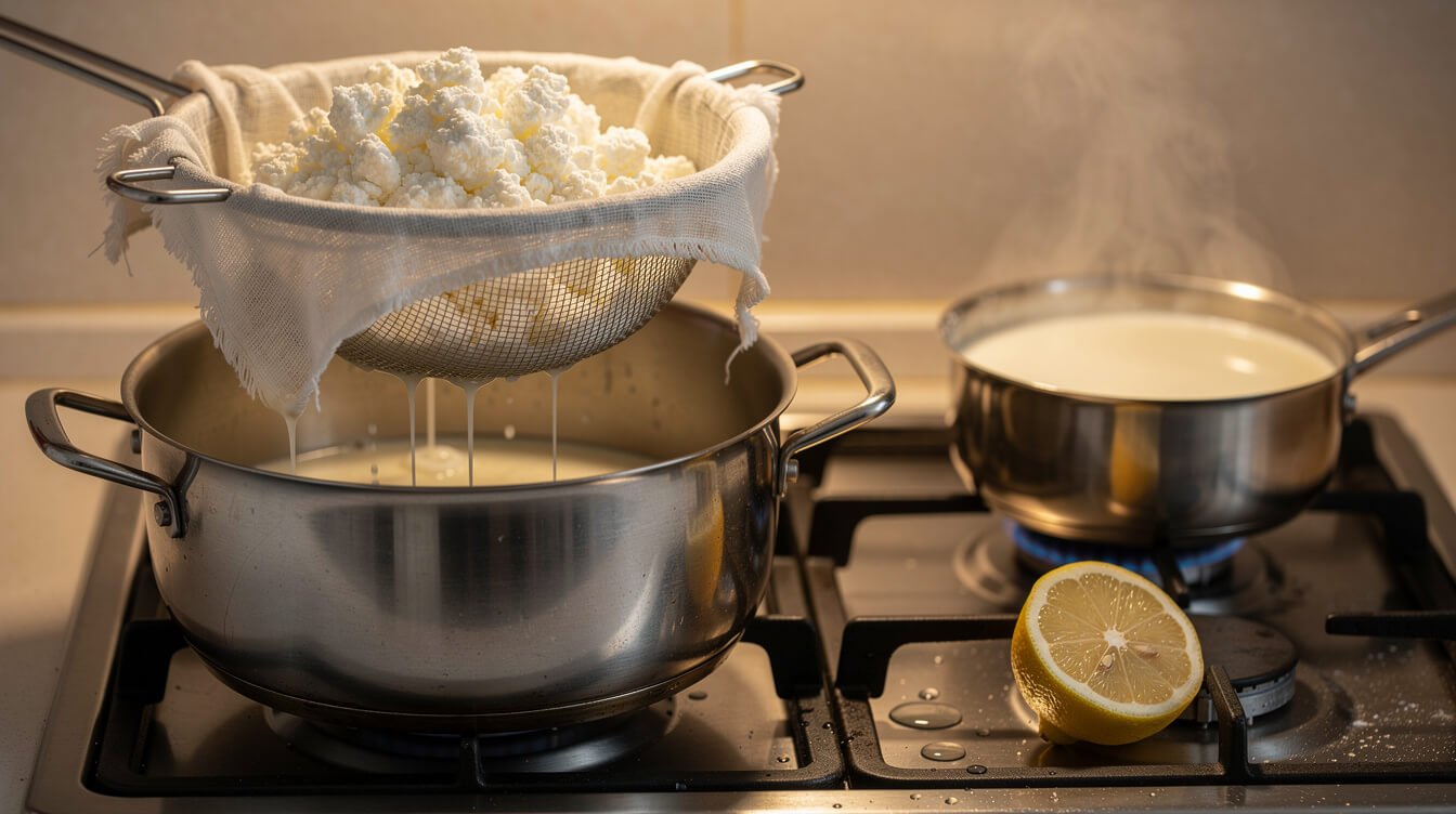 homemade ricotta curds straining in cheesecloth