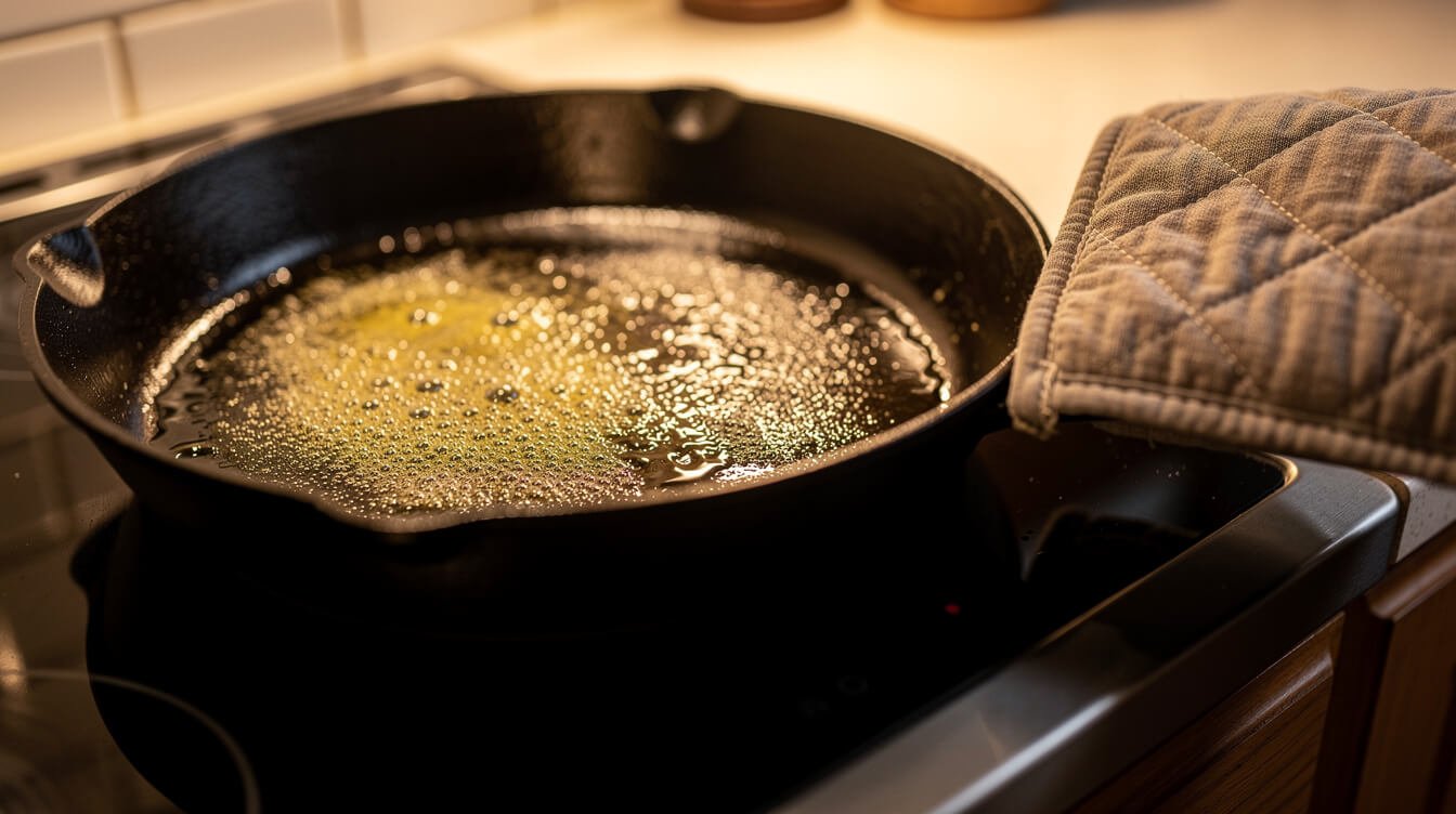 hot cast iron skillet with sizzling fat ready for cornbread batter