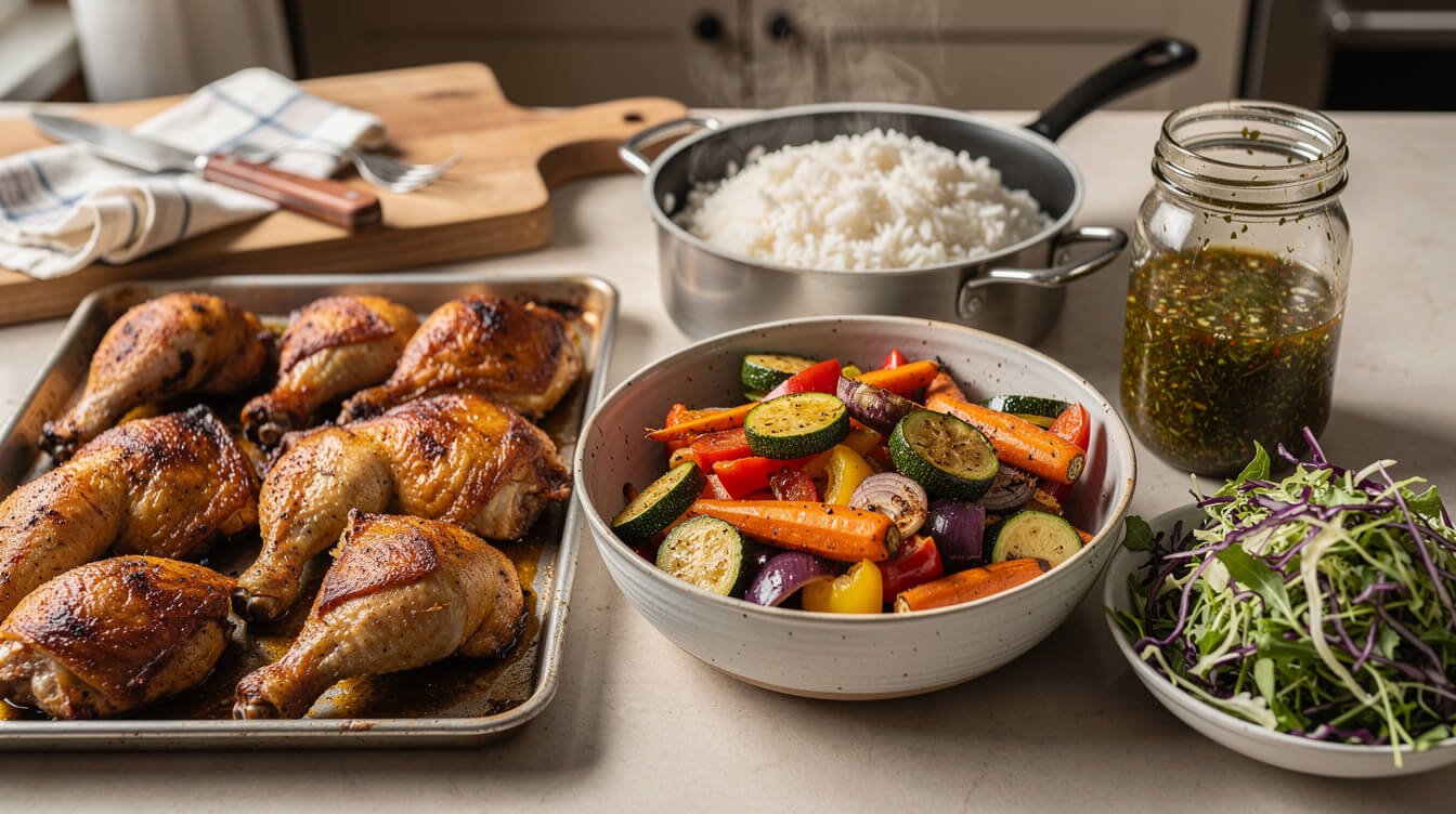 Separate meal prep components ready to assemble into lunches