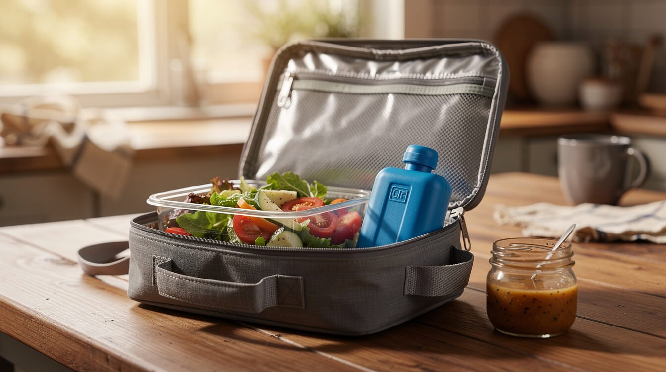 An insulated lunch bag with a glass container and an ice pack