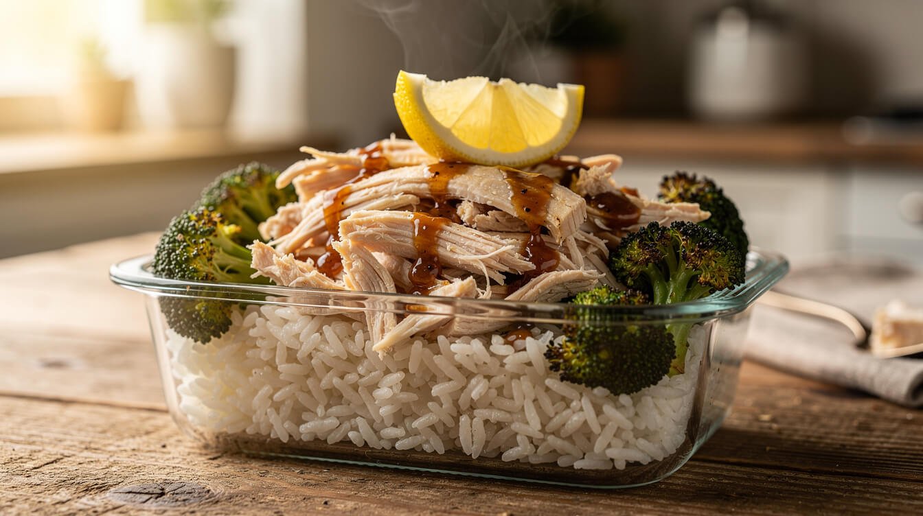 An assembled high-protein lunch bowl in a glass container